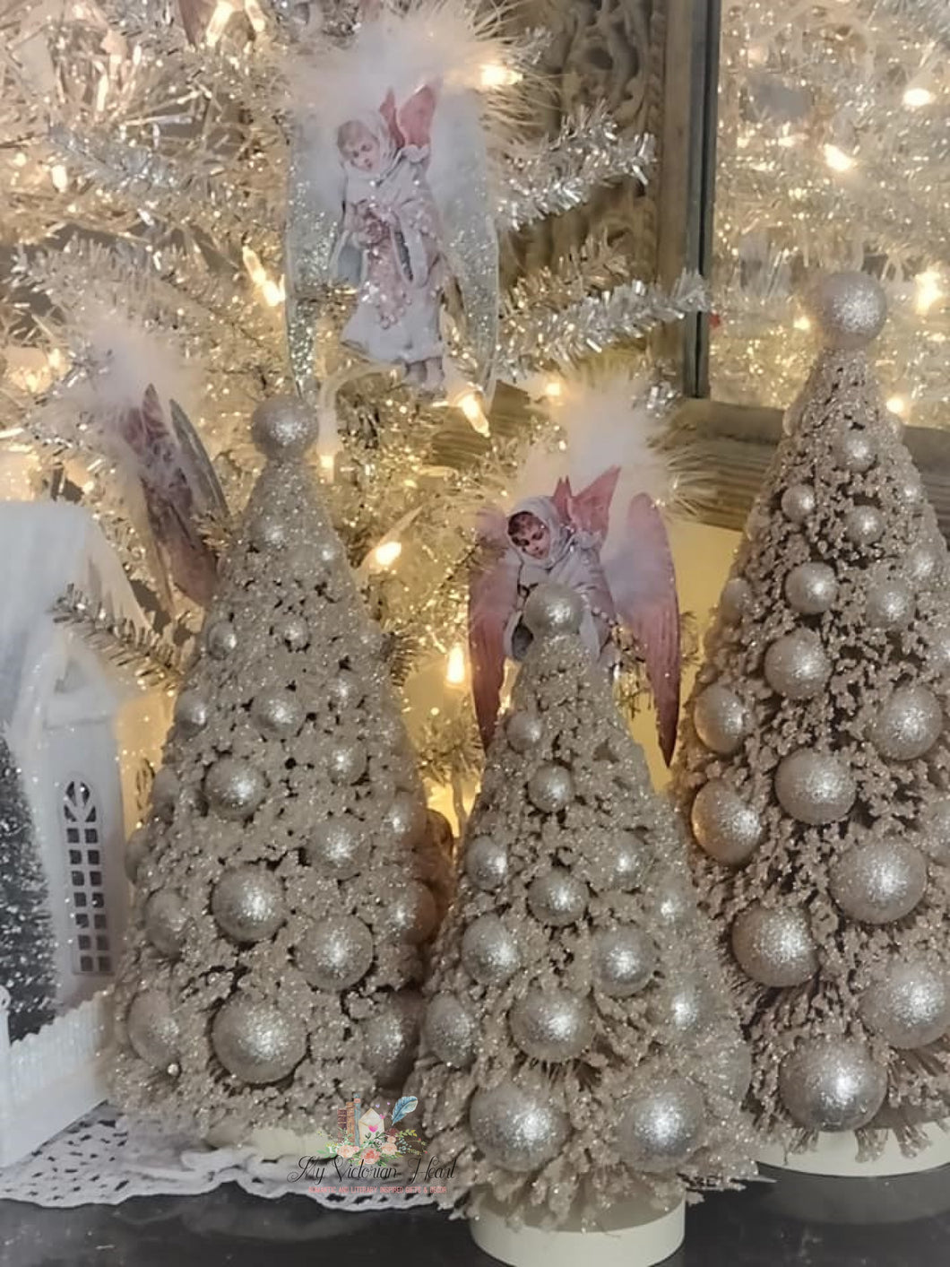 Bethany Lowe Platinum Ivory Bottle Brush Trees, Set of 3, Christmas Decor