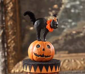 Party Cat on Box by Bethany Lowe Designs, Halloween Decor close up