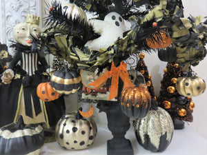 Bethany Lowe Designs Black Feather Tree in Urn shown with Halloween Decorations