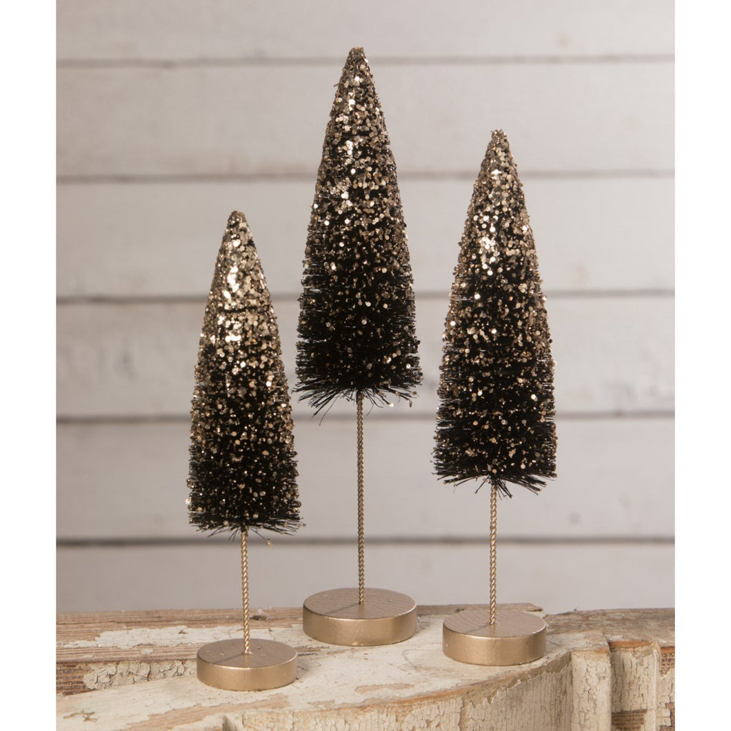 Bethany Lowe Black Bottle Brush Trees with Gold Glitter, Set of 3, Halloween or New Year's Decor