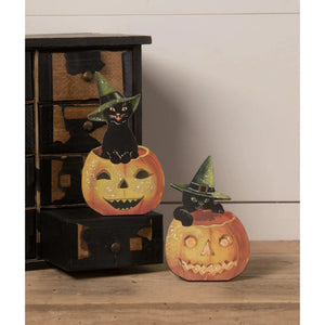 Black Cat on Jack O' Lantern Dummy Boards Halloween Decor by Bethany Lowe Designs, Set of 2