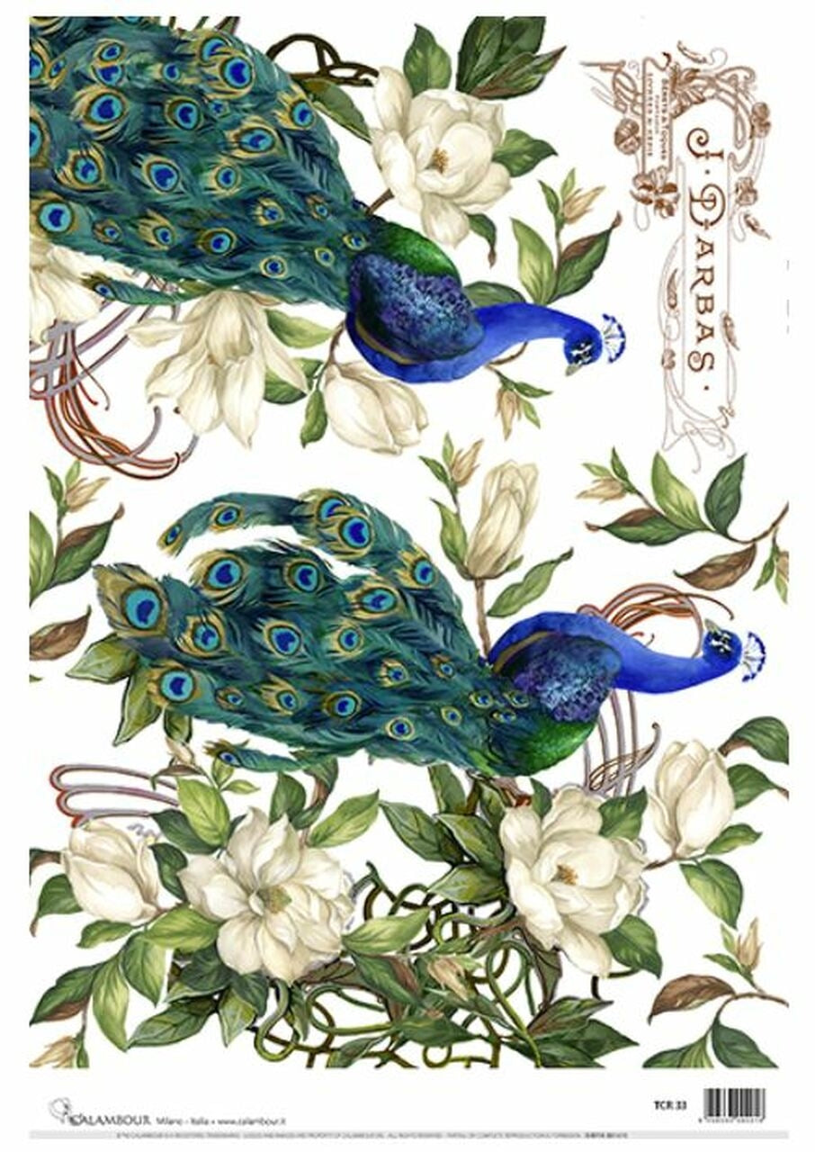 Blue Peacock Decoupage Rice Paper by Calambour Italy