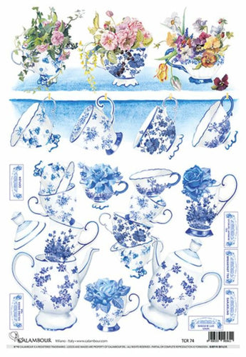 Blue Teacups Decoupage Rice Paper by Calambour Italy