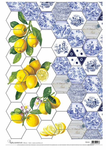 Blue Tiles and Lemons Decoupage Rice Paper by Calambour Italy