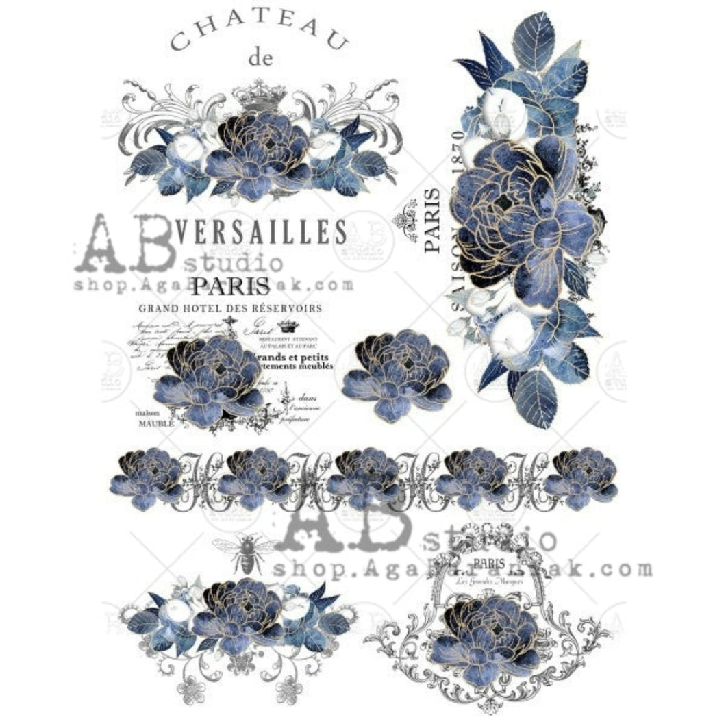 Blue Floral Parisian Labels Rice Paper 0671 by ABstudio