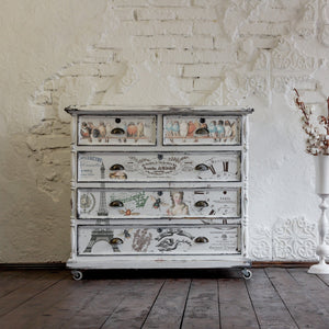 IOD Brocante Transfers on painted white dresser, Iron Orchid Designs