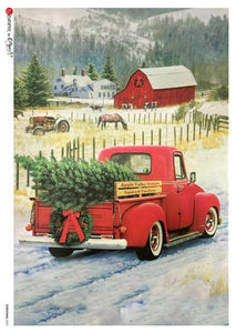 Christmas 0295 Paper Designs Washi Paper Farmhouse Red Truck, Decoupage 