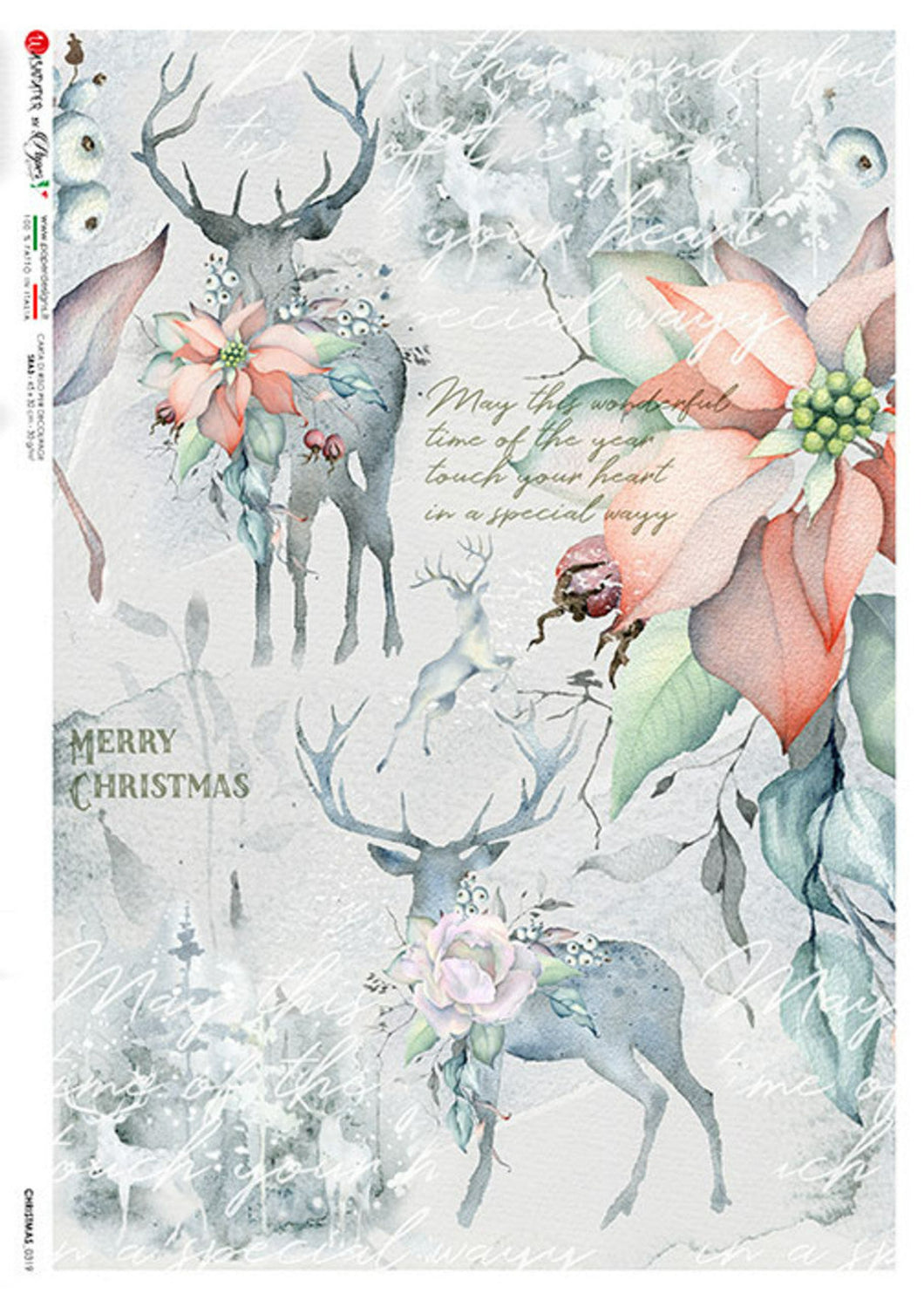 Christmas 0319 Paper Designs Washipaper, Snowy, Pastel Winter Landscape with Poinsettias, Deer