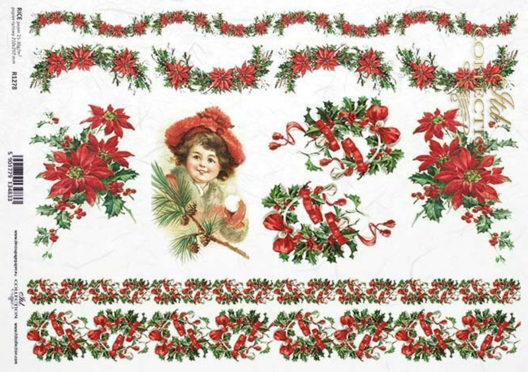 Christmas Poinsettias and Holly Rice Paper by ITD Collection, R1278 A4