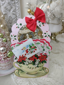 Christmas Snowman and Holly Handkerchief Hanky in Tea Cup Basket Gift Card