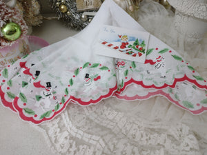 Christmas Snowman and Holly Handkerchief Hanky in Tea Cup Basket Gift Card