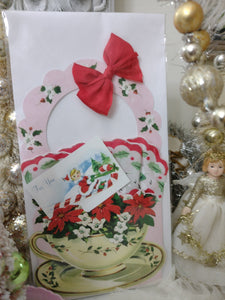 Christmas Snowman and Holly Handkerchief Hanky in Tea Cup Basket Gift Card by Luray
