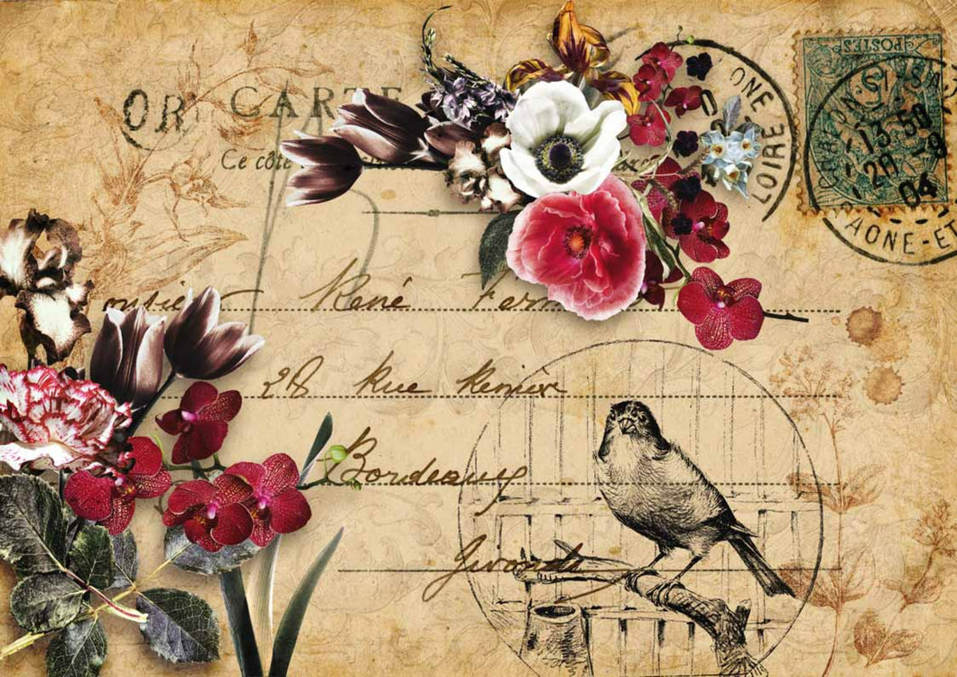 Love Heather Rice Paper by Decoupage Queen, Bird, Antique Postcard, Florals