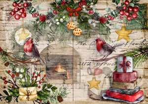 Festive Robins Rice Paper by Decoupage Queen, Christmas Birds, A3 and A4 sizes