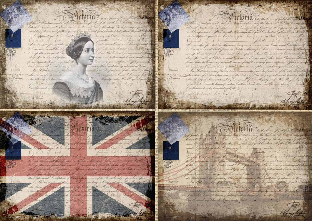 Victoria 4 Pack Rice Paper by Decoupage Queen, British Union Jack, English Script