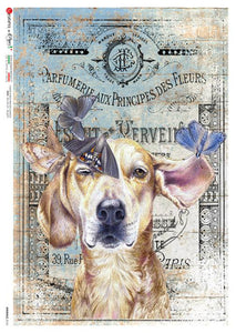 Animals 0161 Paper Designs Washi Paper, Dog with Butterflies on Vintage French Background Decoupage