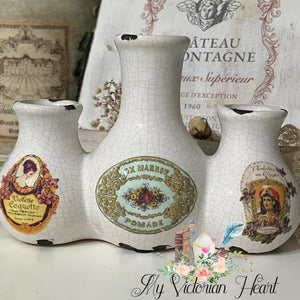 Vintage inspired Triple Vase Decor by My Victorian Heart created with IOD Ephemeral Melange Transfer