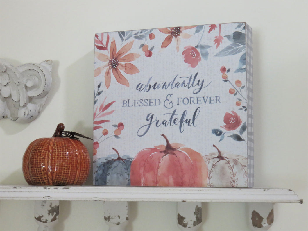 Watercolor Pumpkins Sign Fall Decor with Plaid Trim and Abundantly Blessed, Grateful