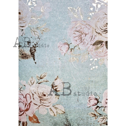 Gilded Aqua and Pink Floral Decoupage Rice Paper 1044 by ABstudio, A4