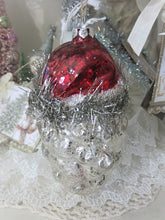 Load image into Gallery viewer, Back View of Vintage Inspired Glass Santa Ornament with Tinsel Accent 