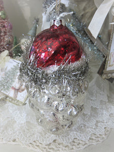 Back View of Vintage Inspired Glass Santa Ornament with Tinsel Accent 