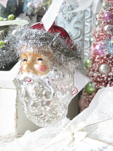 Vintage Inspired Glass Santa Ornament with Tinsel in Gift Box