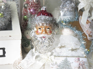 Vintage Inspired Glass Santa Ornament with Tinsel in Gift Box