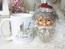 Load image into Gallery viewer, Glass and Tinsel Santa Ornament Next to Coffee Mug for Size Comparison