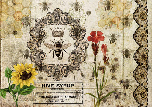 Hive Syrup Rice Paper by Decoupage Queen, Bees, Sunflower, Lace