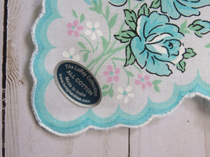 Closeup of Scalloped Corner of Shabby Aqua Blue and White Birthday Handkerchief by Luray Collection