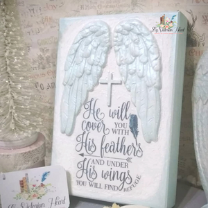He Will Cover You Cover You with His Feathers Angel Wings Prayer Art Plaque Made with IOD Wings and Feathers Mould