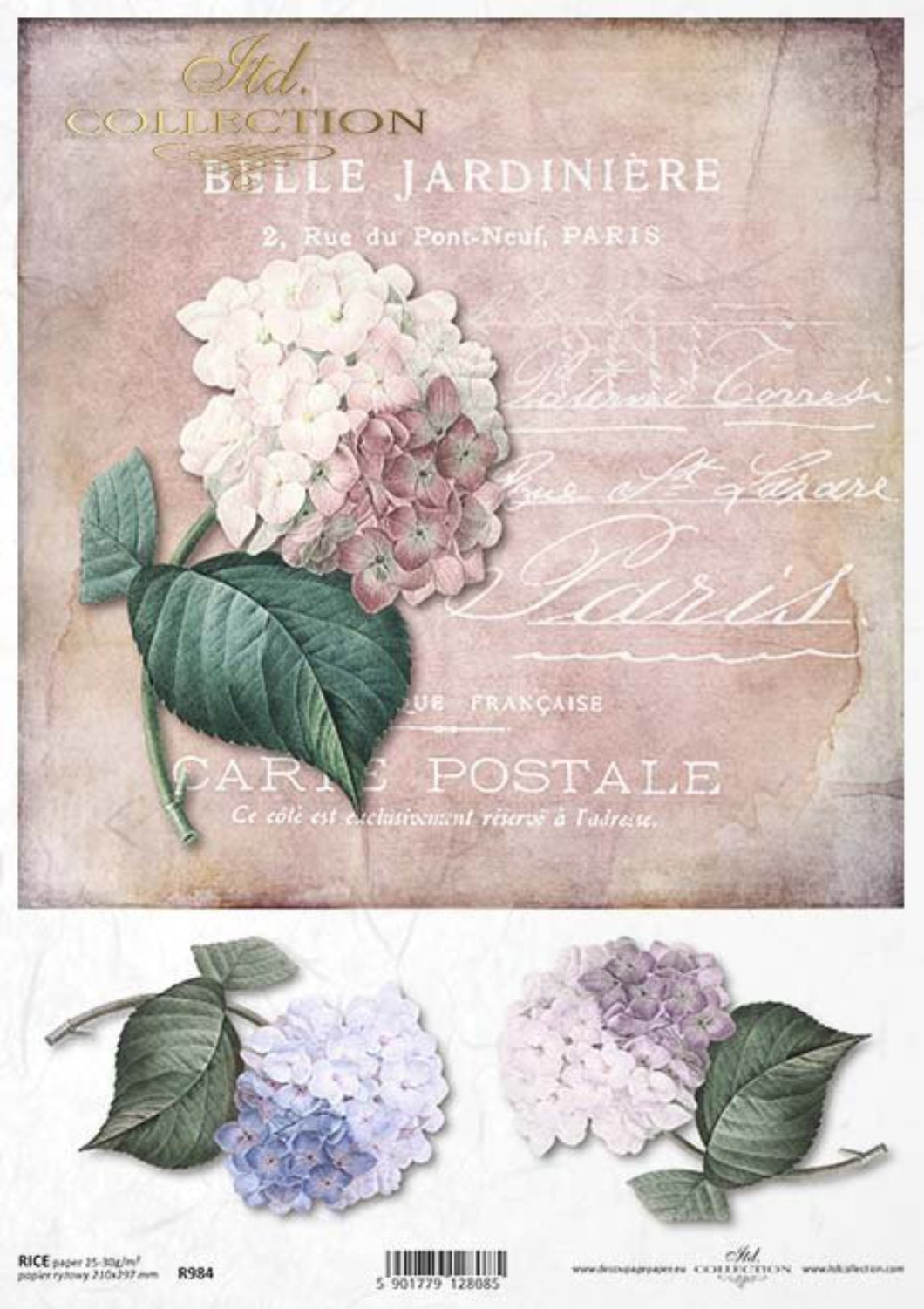 Vintage Postcard Hydrangeas R0984 Rice Paper by ITD Collection