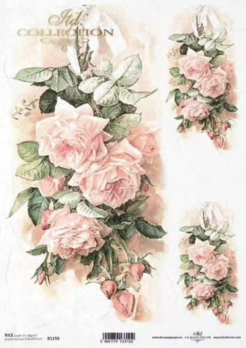 Vintage Shabby Pink Roses Rice Paper by ITD Collection, R1198, A4