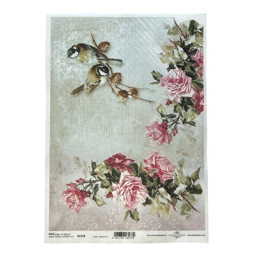 Two Birds and Pink Roses Rice Paper by ITD Collection, A4