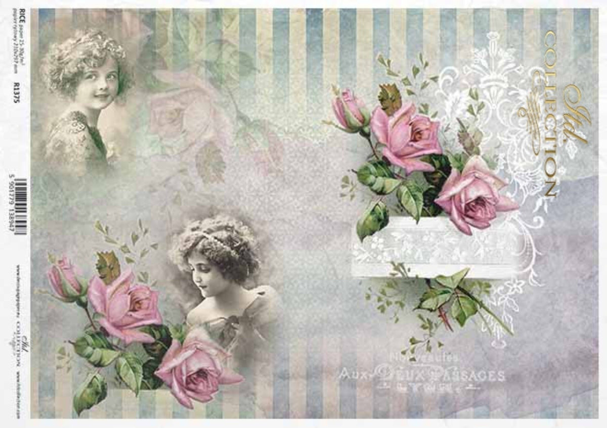 Pink French Roses and Vintage Girls R1375 Rice Paper by ITD Collection ...