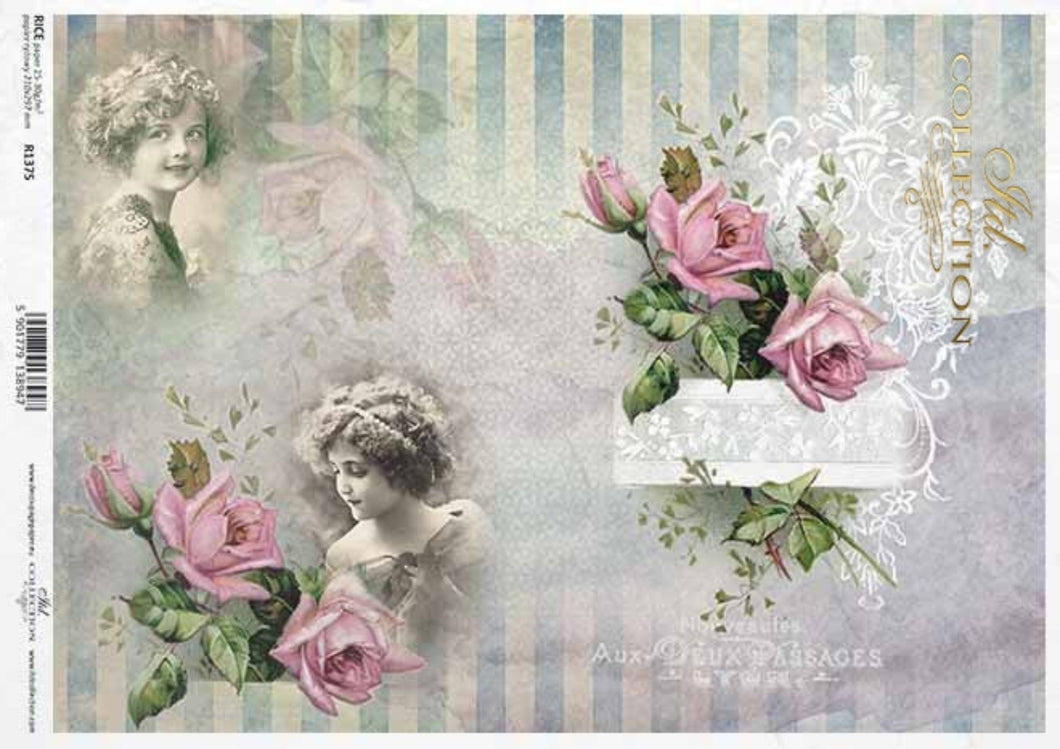 Pink French Roses and Vintage Girls R1375 Rice Paper by ITD Collection