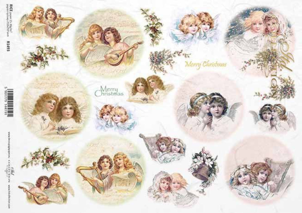 Vintage Merry Christmas Angels Rice Paper by ITD Collection, R1493, A4