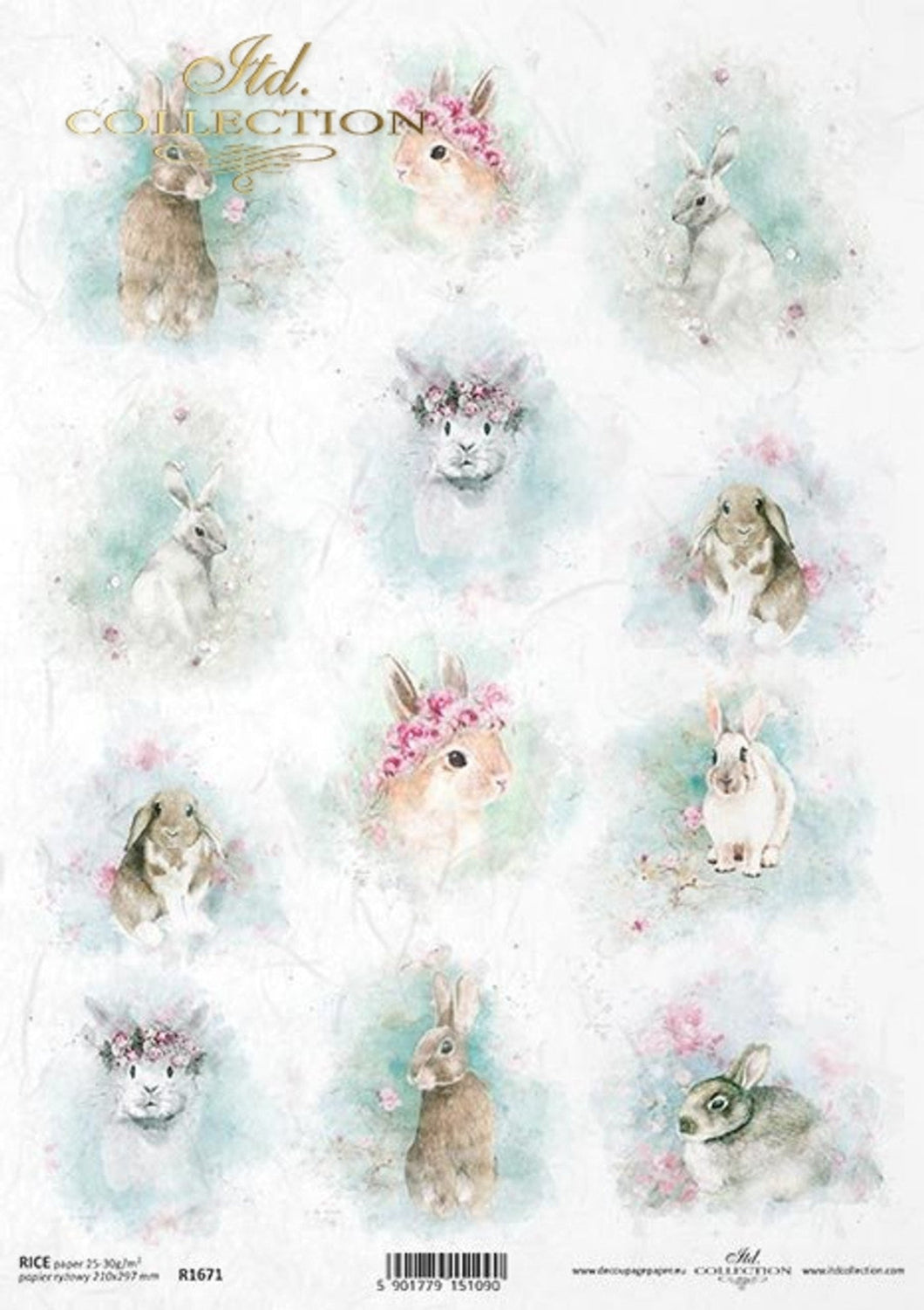 Watercolor Easter Animals Squares Rice Paper by ITD Collection, R1671, A4