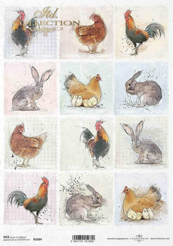 Mini Rooster and Bunny Squares Rice Paper by ITD Collection, R1684, A4