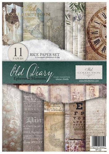 Old Diary Ephemeral Moments Rice Paper by ITD Collection, RP032, Pack of 11