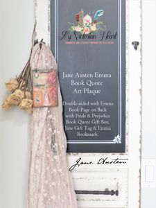 Jane Austen Emma Art Plaque Hung on Hook with Lace Scarf and Antique Roses