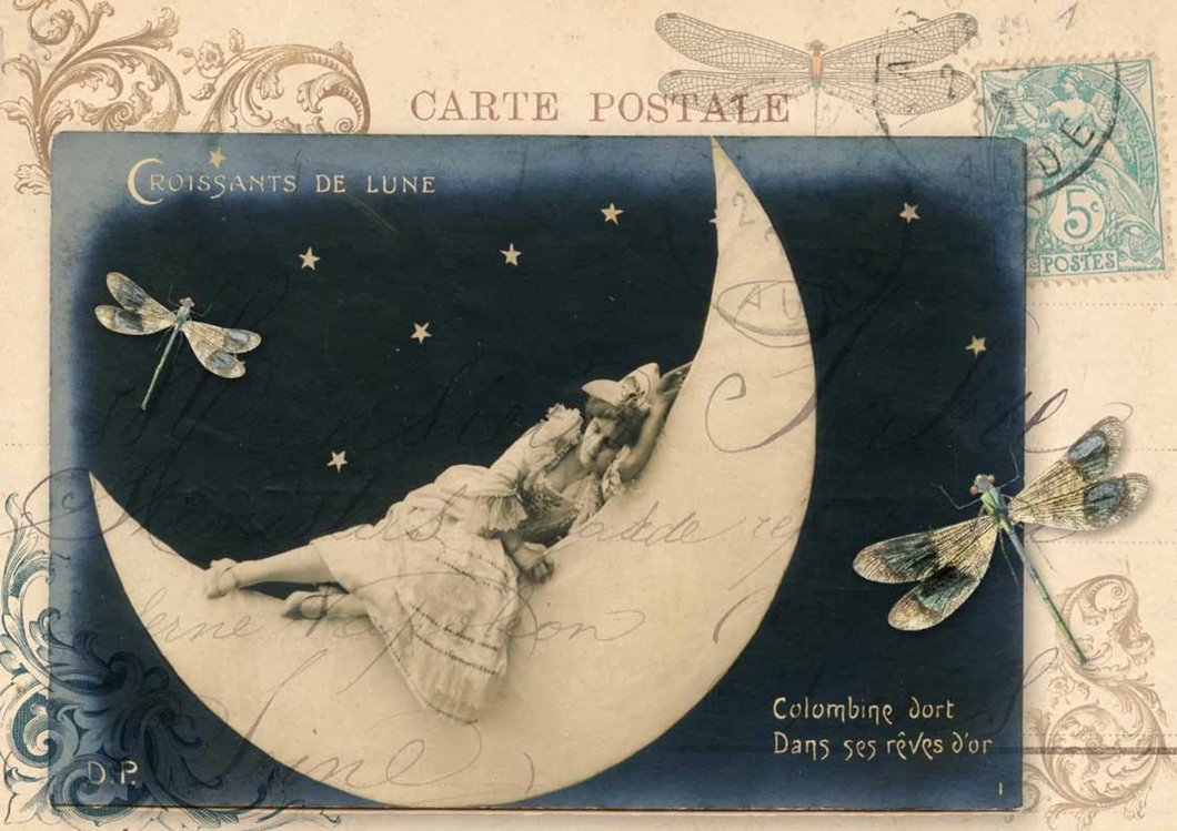 Lady on the Moon Rice Paper, Decoupage Queen, A4, Vintage Postcard Art
