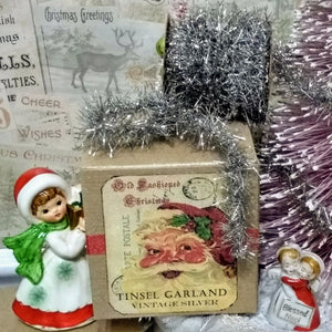 Vintage Style Christmas Tinsel Twine Garland in Gift Box with Victorian Postcard Art, Gift Tag