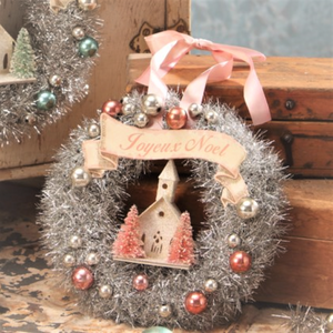 Bethany Lowe Pastel Tinsel Wreath, Pink, with Church, Bottle Brush Trees