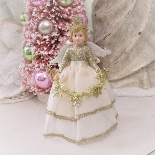 Bethany Lowe Peaceful Storybook Christmas Angel Ornament Decor Displayed on a Tabletop