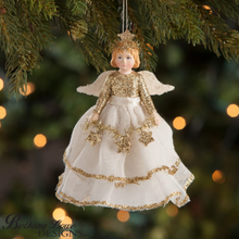 Load image into Gallery viewer, Bethany Lowe Peaceful Storybook Christmas Angel Ornament Decor with Gold Star Halo, Tinsel, Garland