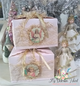 Bethany Lowe Peaceful Storybook Christmas Angel Ornament Shown with Gift Box