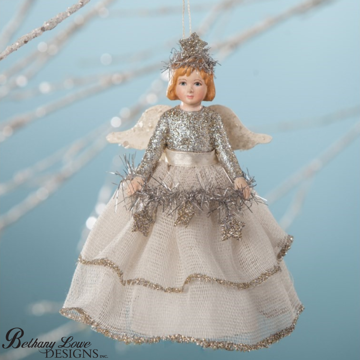 Bethany Lowe Platinum Storybook Angel Ornament with Tinsel Garland My