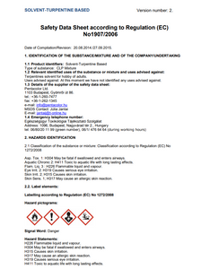 Safety Data Sheet for Pentart Turpentine Based Solvent, page 1 of 10