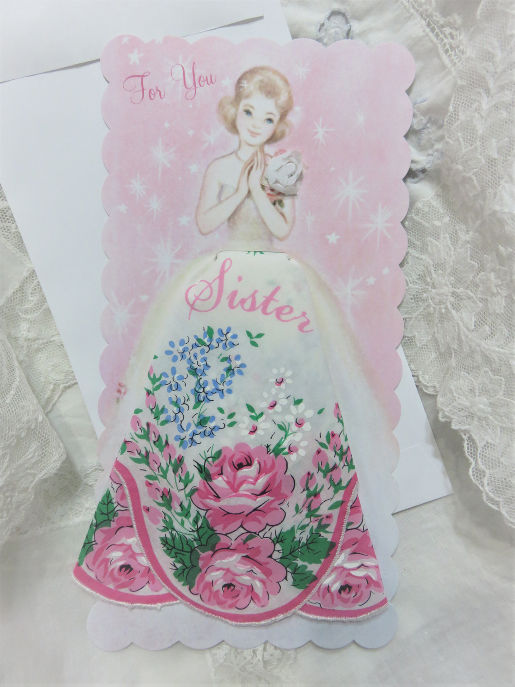 Shabby Pink Roses Sister Gift Hanky with Card
